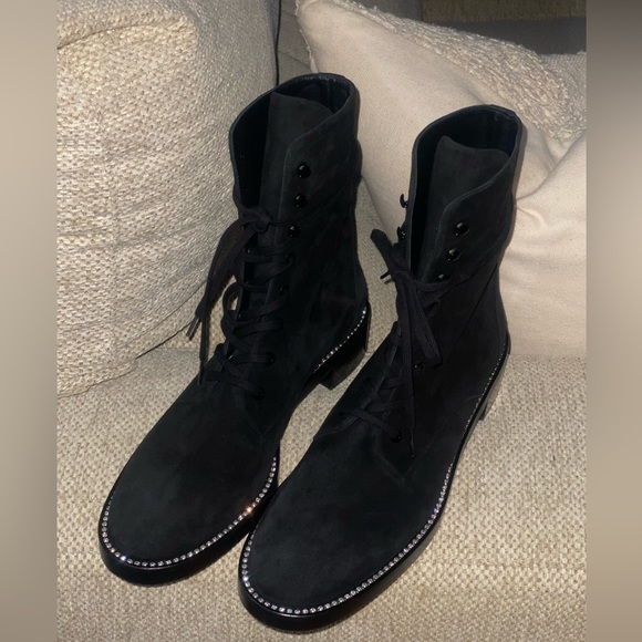 STUART WEITZMAN SONDRA SHINE COMBAT LACE UP CRYSTAL EMBELLISHED BOOTS, sz 10.5 - Picture 1 of 5
